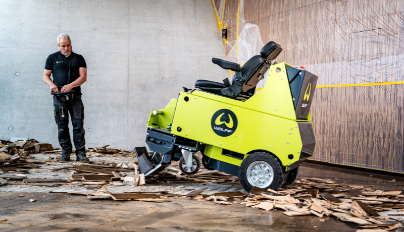 Wolff ride on floor stripper powered by Vanguard battery 5kwh