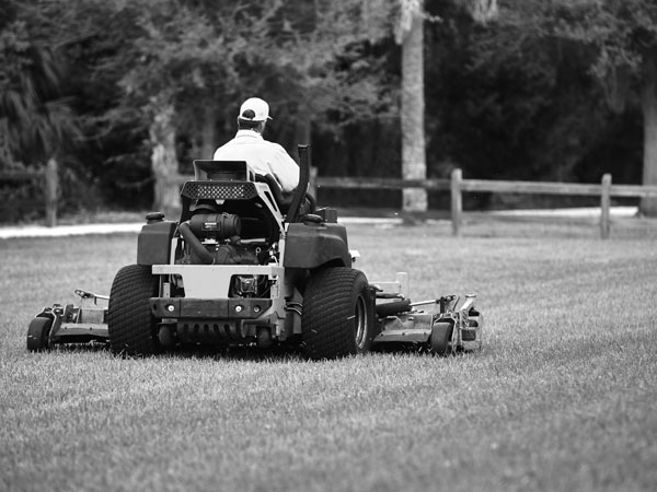 A person riding a zero-turn lawn mower powered by a Vanguard vertical shaft v twin engine.